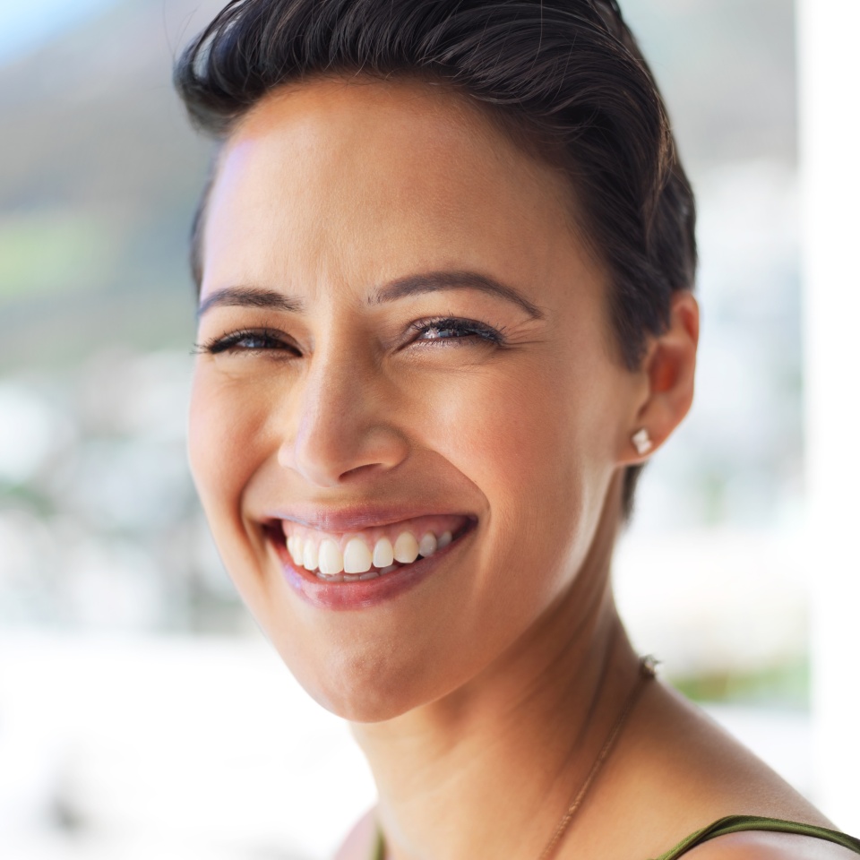 Outdoor, dental or portrait of happy woman with confidence, teeth whitening or oral care for healthy veneers. Dentist, smile or face of orthodontist laughing with beauty, tooth implant or clean mouth